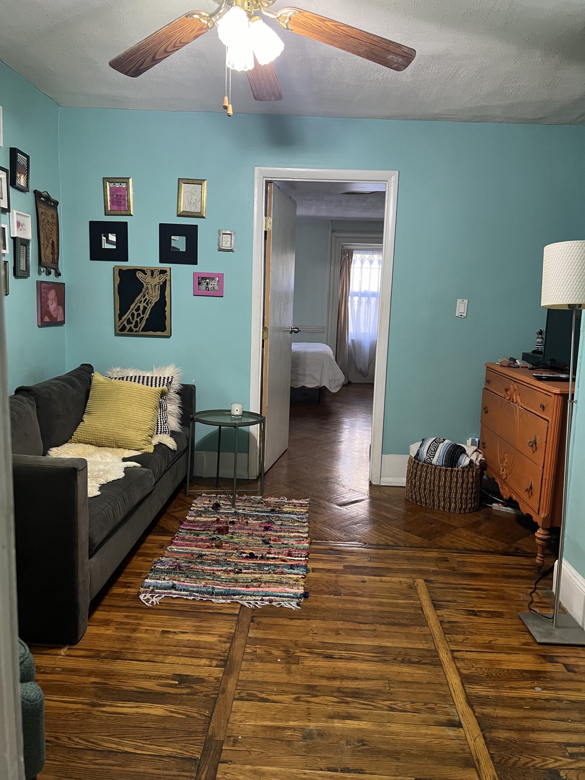 railroad style, ground floor apartment with private backyard