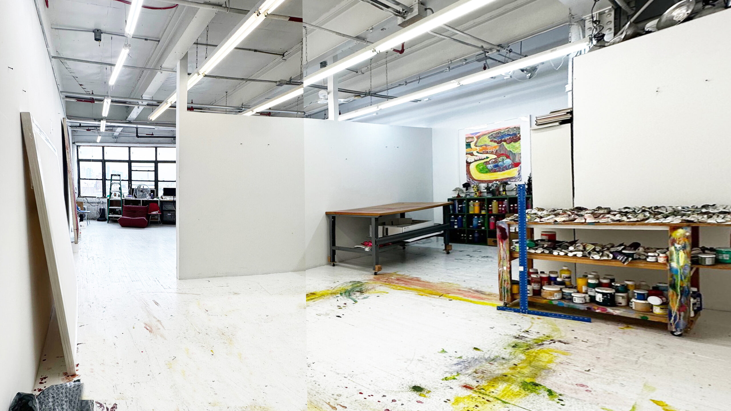 400 sq ft of a 860 sq ft two person share studio/ GREENPOINT one stop from G, sunny, high ceilings artis co-op!