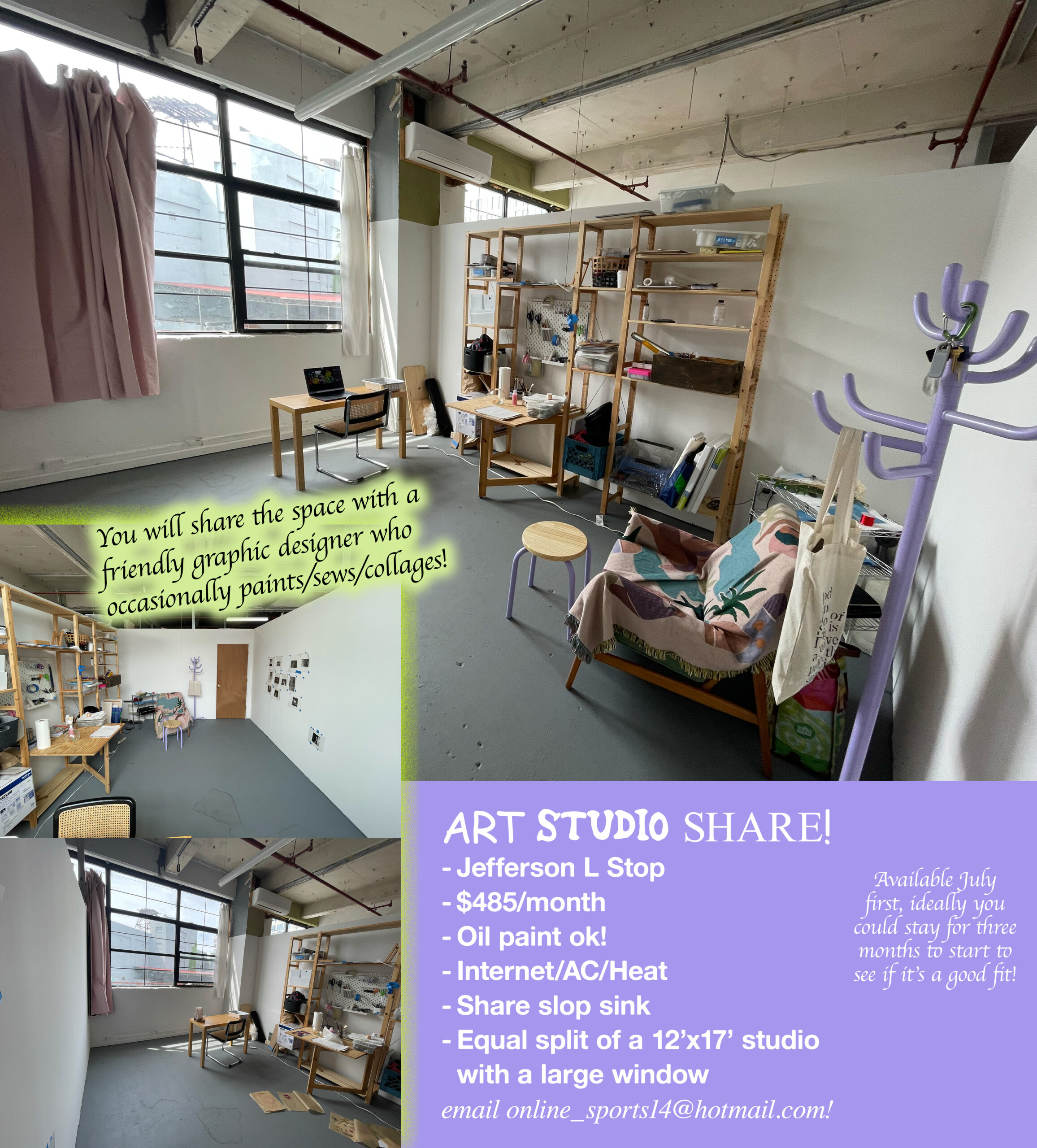 Natural light Bushwick art studio share!